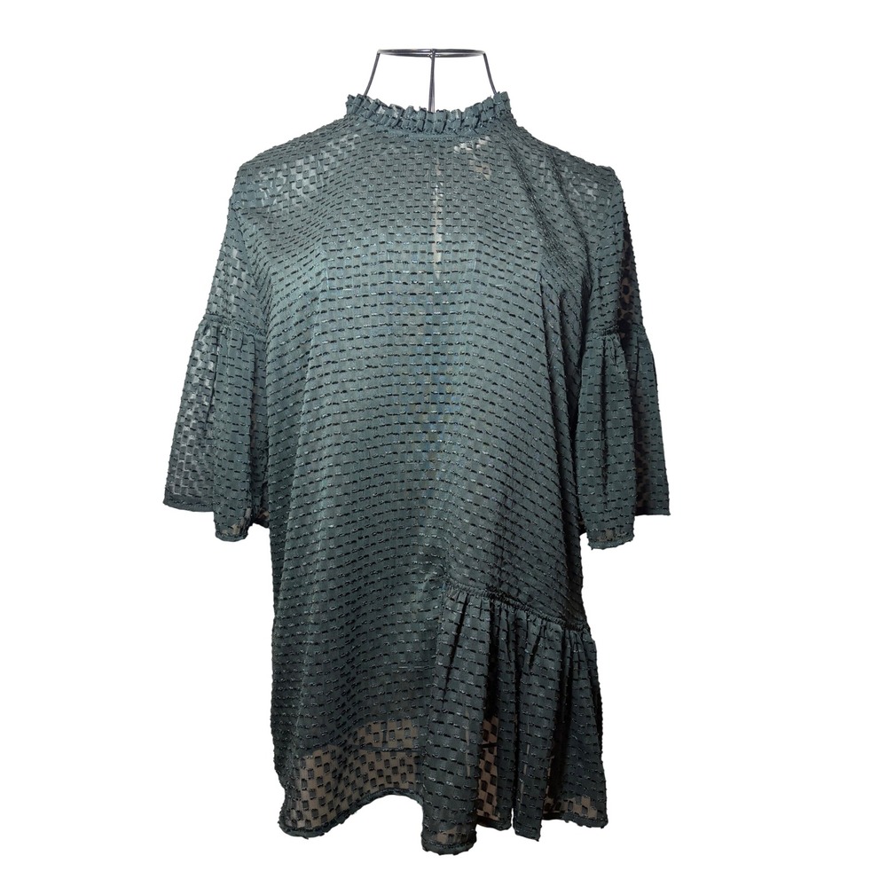 H&M Dark Green Mock Neck Ruffle Blouse Tiered Bell Sleeve Asymmetric Hem Size 8